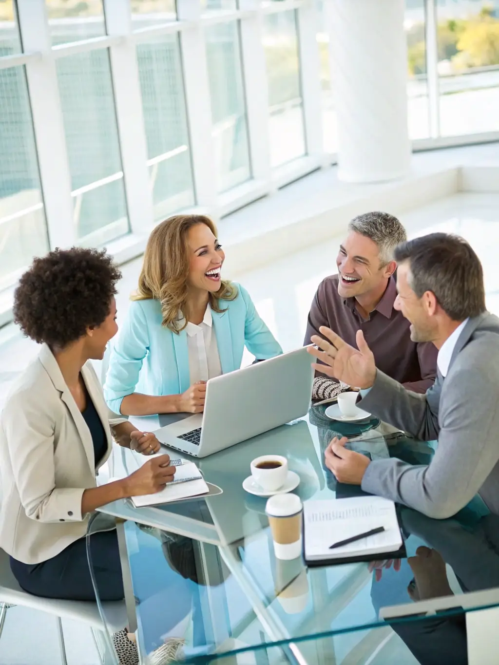 A diverse team of consultants brainstorming innovative solutions in a modern office environment, symbolizing Triumph Solutions' collaborative approach.