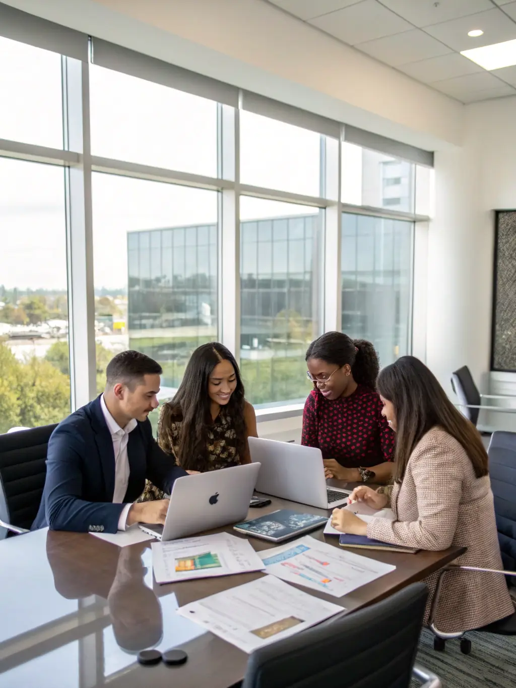 A diverse team of consultants brainstorming innovative solutions in a modern office environment.