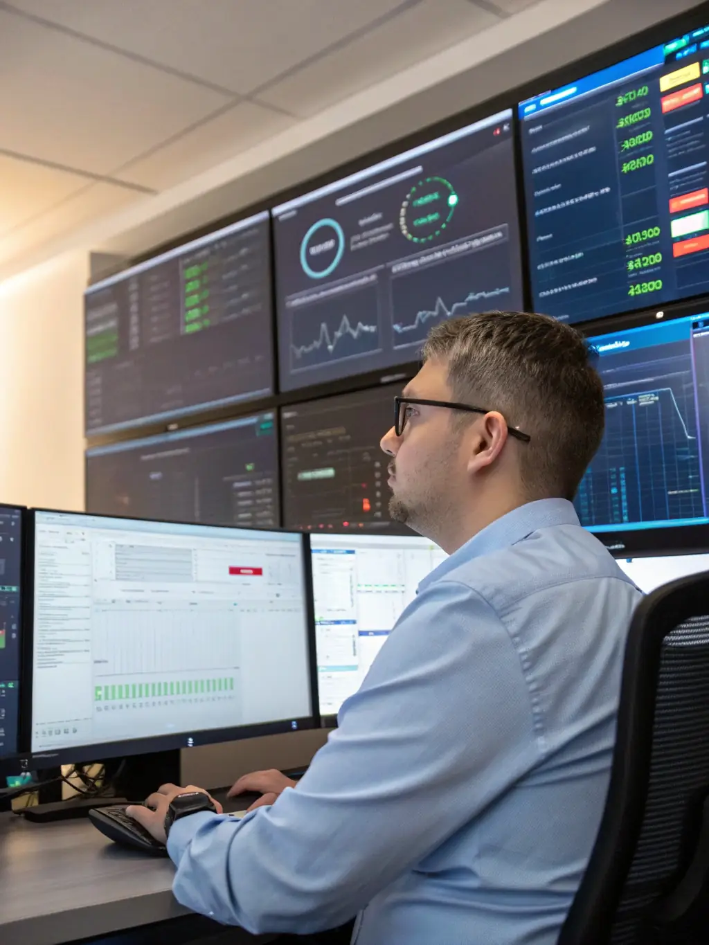 A technician configuring digital systems on multiple screens in a modern office setting, showcasing digital implementations.
