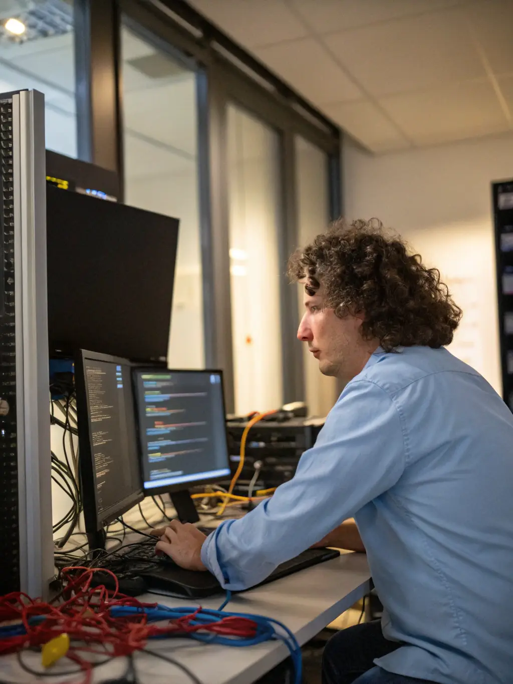 A technician configuring digital systems on multiple screens in a modern office setting, illustrating Triumph Solutions' digital implementation services.