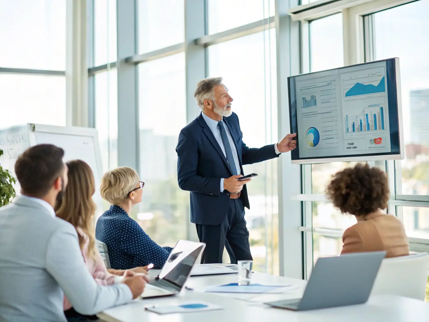 A consultant in a business suit is presenting a strategic plan to a team in a modern office setting, emphasizing data-driven insights and collaborative decision-making.
