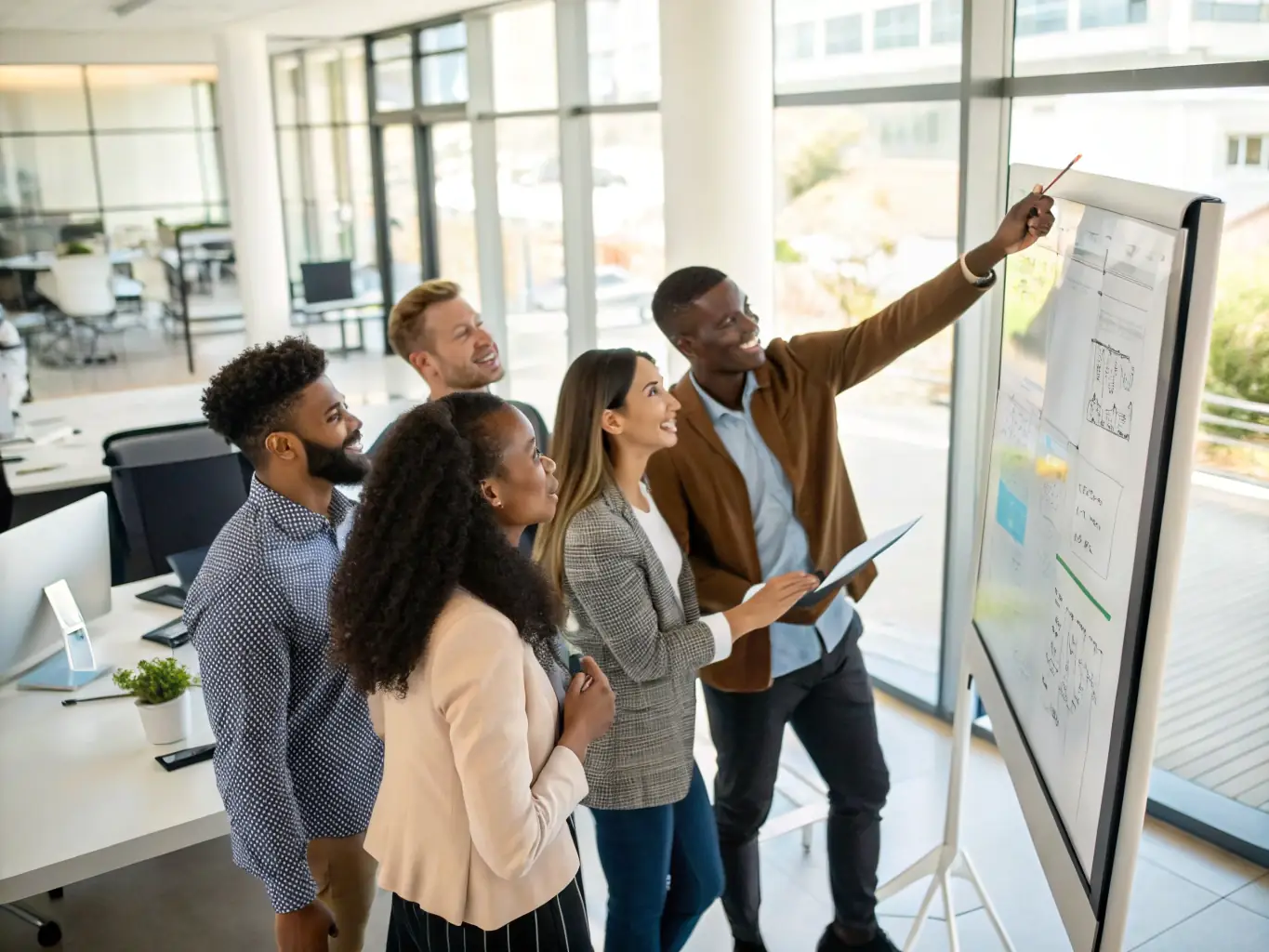 A team is analyzing a workflow diagram on a whiteboard, focusing on identifying bottlenecks and areas for improvement in a manufacturing plant.